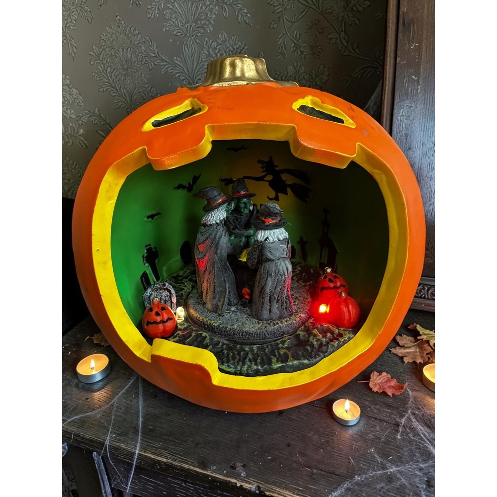 Lighted Halloween Pumpkin Diorama Witches Coven Graveyard Scene Decor video